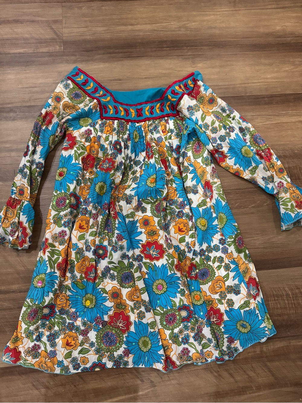 Boho Floral Off-Shoulder Casual Dress in Teal & Multicolor